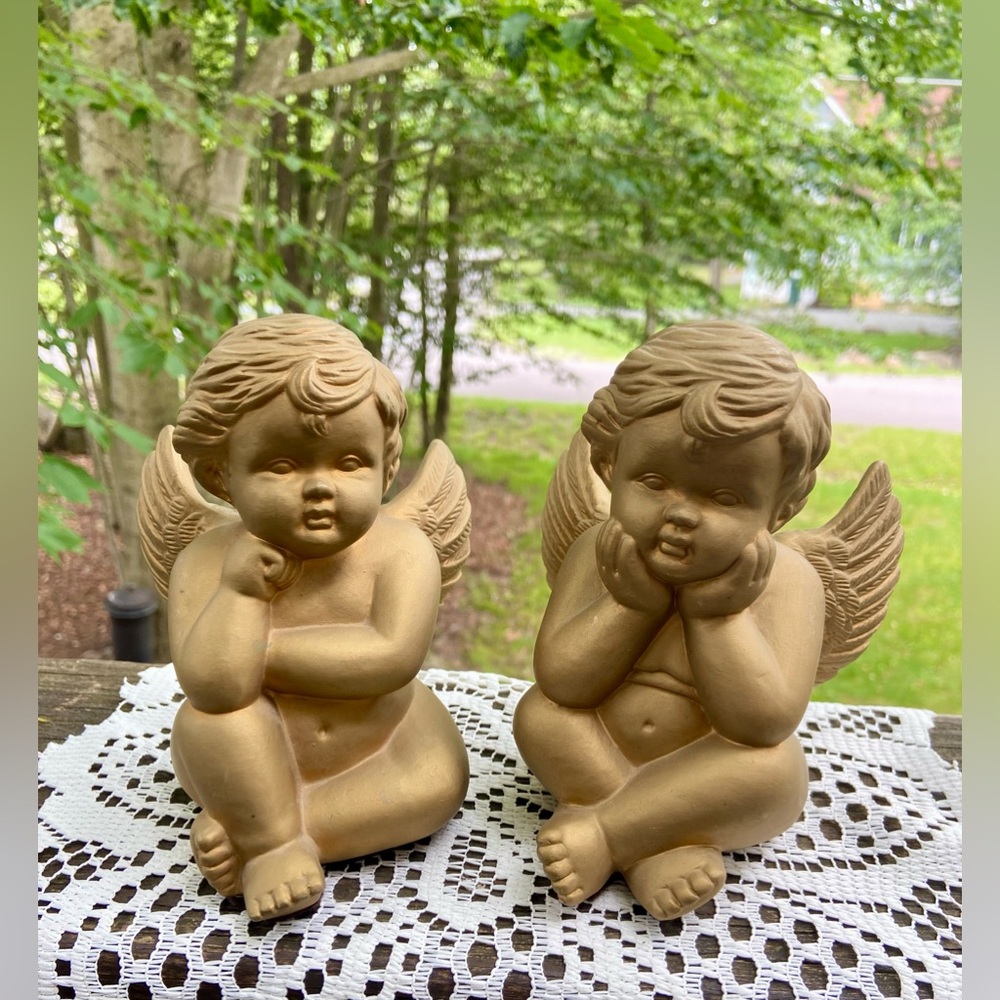 Pair of  Vintage Golden Cherub Angel Figurines Statues Collectibles GUC